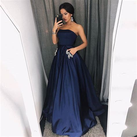 2018 Navy Blue Strapless A Line Prom Dress Formal Gown With Pockets On Storenvy