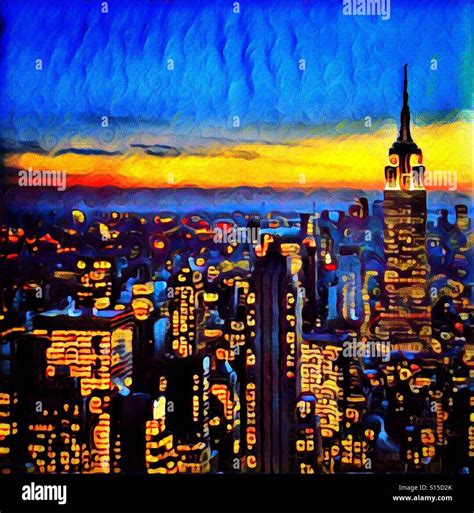 A Colorful Oil Painting Of The New York City Skyline At Sunset Stock