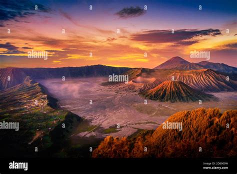 Mount Bromo Volcano Gunung Bromo At Sunrise With Colorful Sky