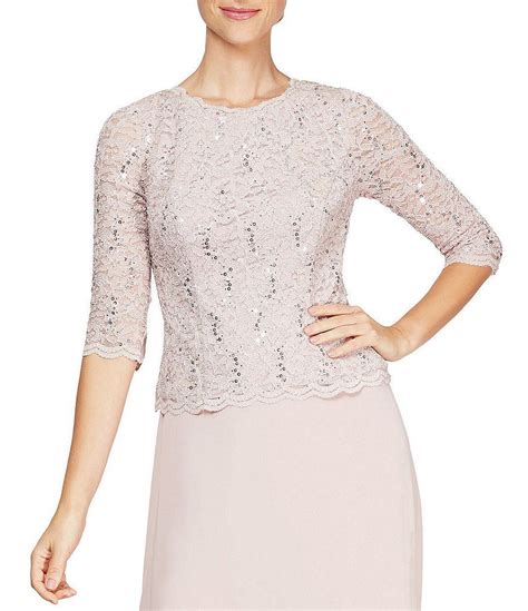 Alex Evenings 34 Sleeve Sequined Lace Crew Neck Scalloped Bodice