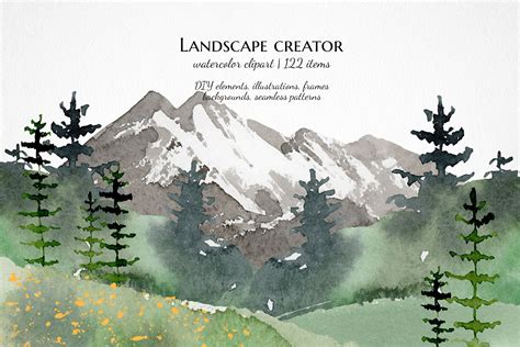 Watercolor Mountain Lake Tree Landscape Clipart Design Cuts