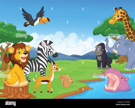 Cute African Safari Animal Cartoon Characters Scene Stock Vector Image