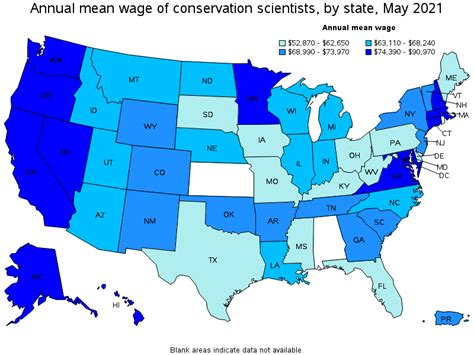 Map Of Annual Mean Wages Of Conservation Scientists By State May 2021