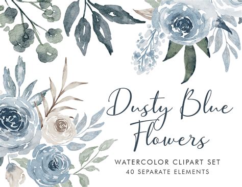 Dusty Blue Watercolor Floral Clipart Something Blue Wedding Png Clipart