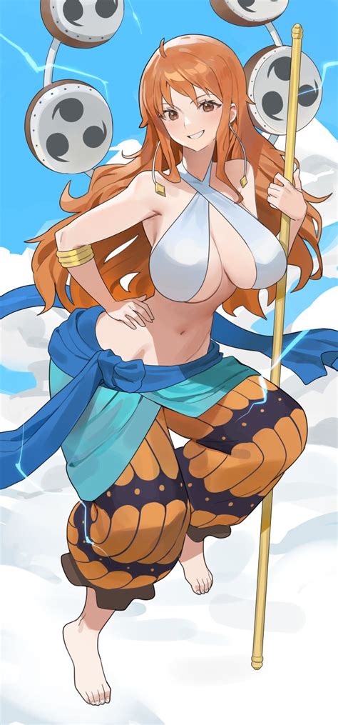 Hood James X Enel Nami One Piece One Piece Highres 1girl Armlet Breasts Brown Eyes