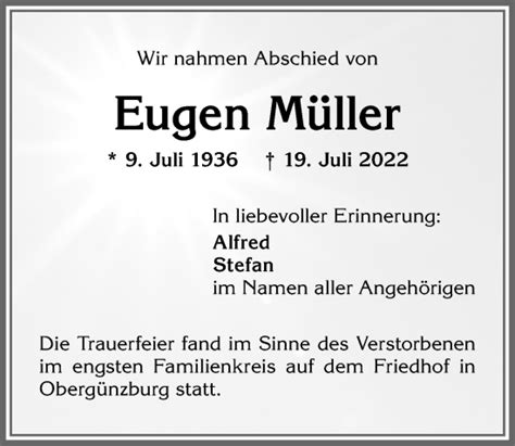 Traueranzeigen Von Eugen M Ller Augsburger Allgemeine Zeitung