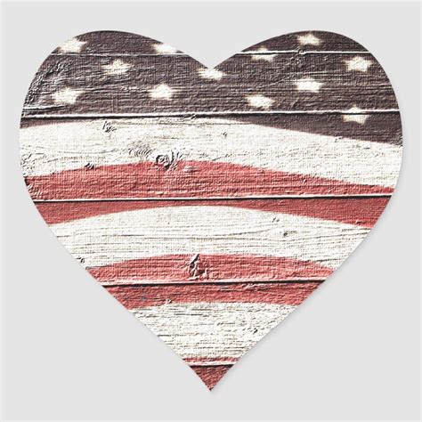 Painted American Flag On Rustic Wood Texture Heart Sticker Size Small