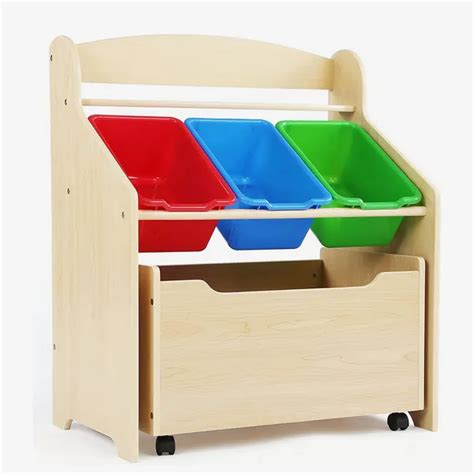 A Wooden Toy Storage Unit With Three Plastic Bins On Its Sides And