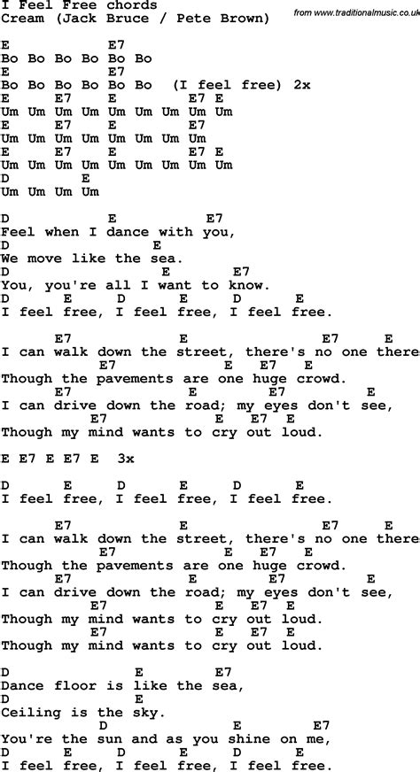 60 000+ songs lyrics are available for you to browse or print. Song lyrics with guitar chords for I Feel Free