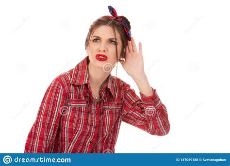 Nosy Woman Hand To Ear Gesture Trying Carefully Stock Photo Image Of