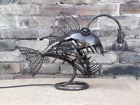 Table Lamp Angler Fish Art Metal Sculpture Steampunk Lamp Statuette