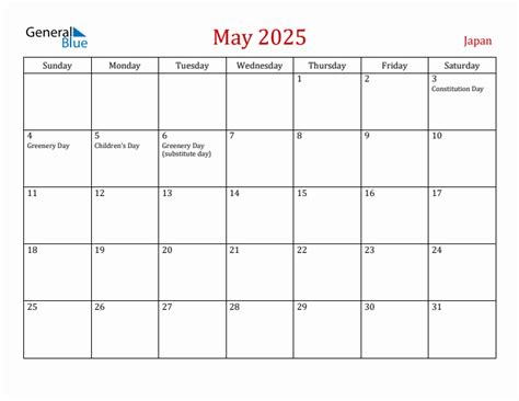 May 2025 Monthly Calendar With Japan Holidays