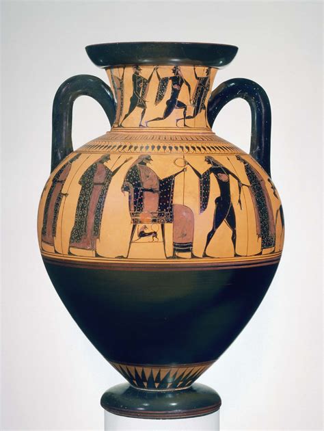 Two Handled Jar Neck Amphora Depicting A Seated King With Attendants