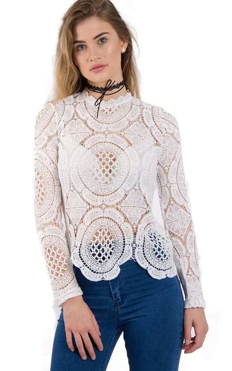 Long Sleeve Lace Crochet Top In White Loes House Silkfred Us