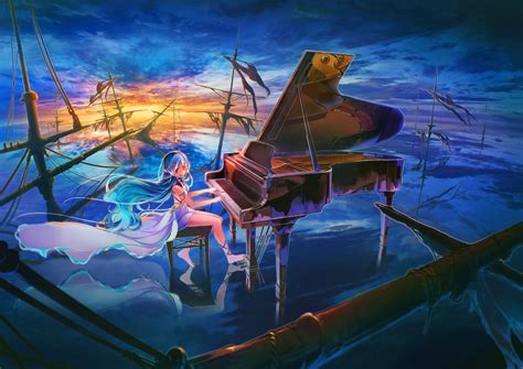 Wallpaper Anime Girl Playing Piano Beyond The Clouds Light Dress