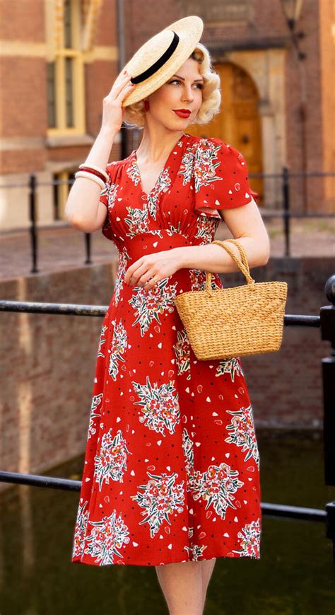 Vintage Inspired Red Floral Knee Length Tea Dress 1930s And 1940s Style