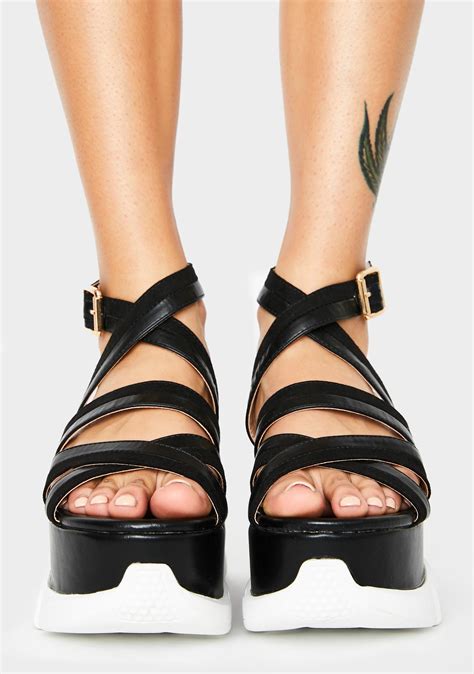 Vegan Leather Criss Cross Strap Platform Sandals - Black | Dolls Kill