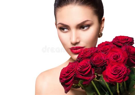Beauty Woman With Big Bouquet Of Red Roses Stock Image Image Of