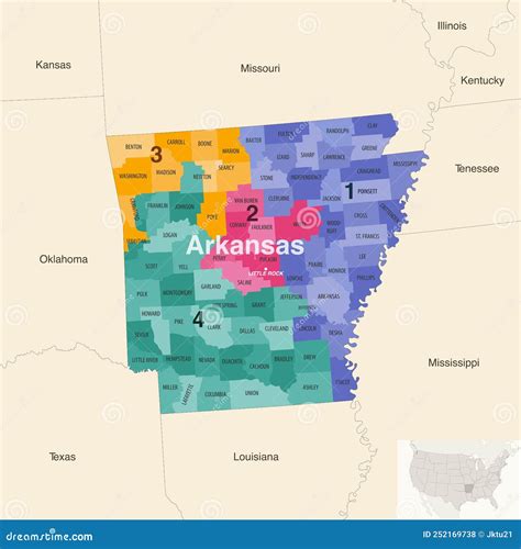 Arkansas State Counties Colored by Congressional Districts Vector Map