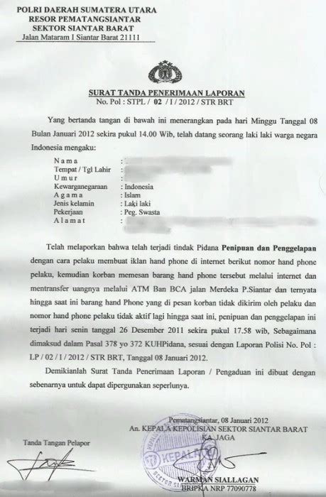 Contoh Surat Laporan Penipuan Ke Kantor Polisi Surat Aduan Ke Polisi