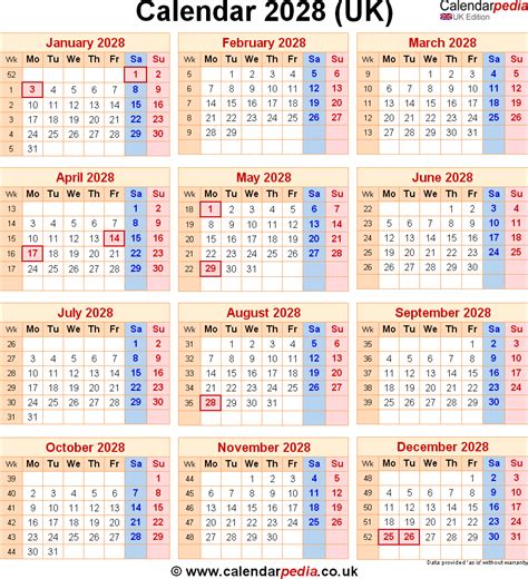 Calendar 2028 Uk With Bank Holidays And Week Numbers