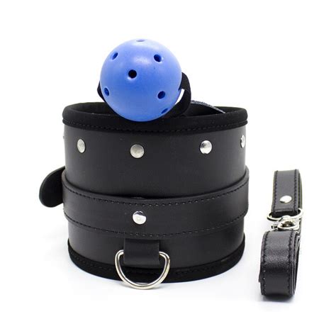 Blue Mouth Ball Bound Black Collar Toys With Black Chain Mouth Gag For