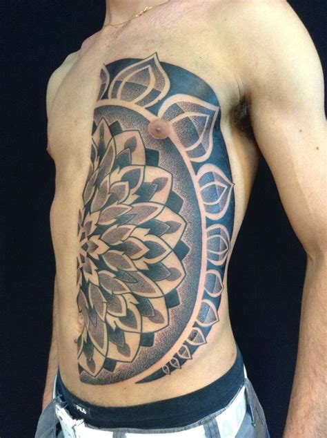 Stippling Style Half Chest And Belly Tattoo Of Big Flower