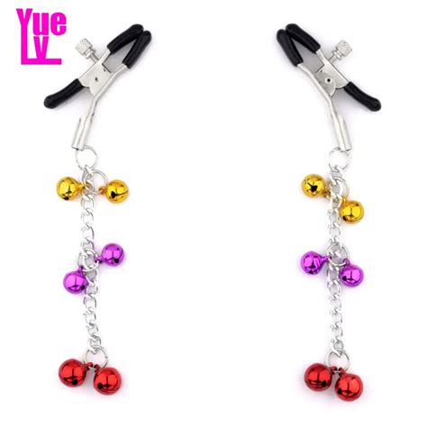 yuelv 1 pair nipple clamps with 6 bell metal chains shaking nipple clip breast massage adult