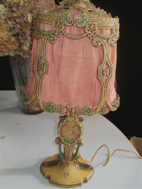 Marked 1907 Vintage Lamp Cherubs Dusky Rose Silk Shade