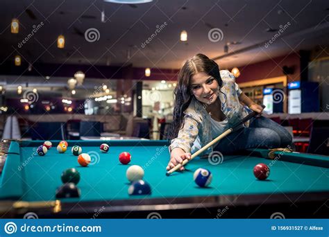 Woman Sitting On Billiard Table Going Make A Hit Stock Image Image Of Club Billiard 156931527