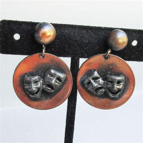 1950s Vintage Comedy And Tragedy Theater Mask Copper Dangle Earrings