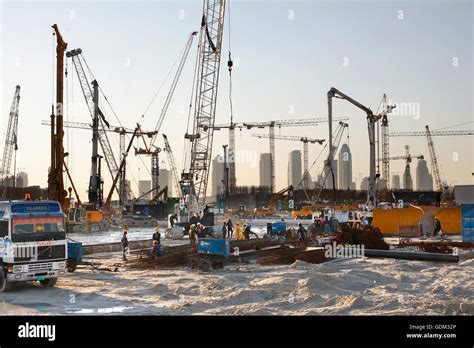 Workers On Construction Site On Palm Jumeirah 2005 With The Towers Of