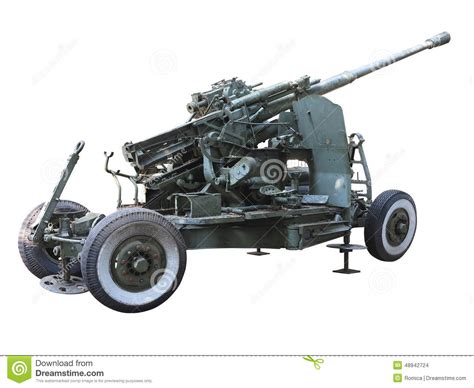 Russian Old Green Anti Aircraft Gun Isolated Over White Stock Photo
