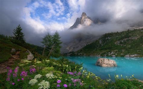 Dolomites Mountains Italy Spring Mist Lake Wildflowers Clouds Turquoise