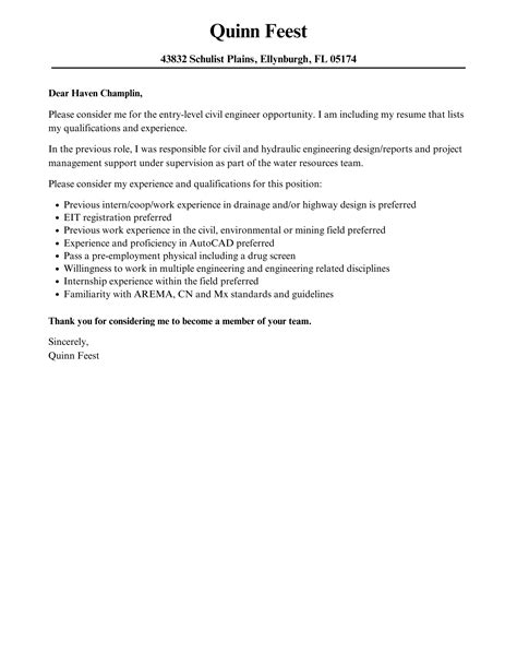 Civil Engineering Internship Cover Letter