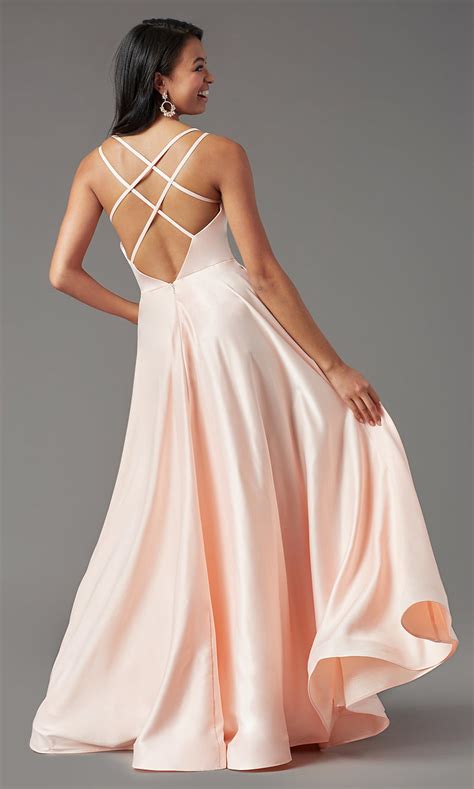 Open Back Long Faux Wrap Satin Prom Dress Promgirl