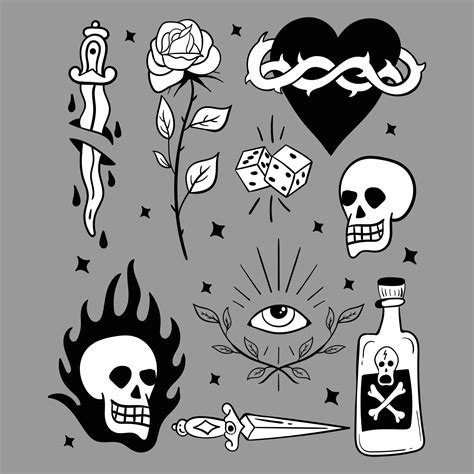 Collection Of Vintage Tattoo Designs Illustrations Black And White