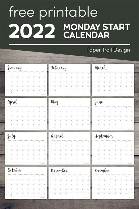 Free Printable 2022 Calendar Monday Start Paper Trail Design