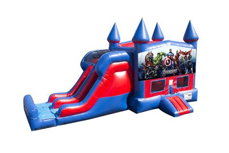 Avengers 7 Double Lane Dry Slide With Bounce House And Party Rental