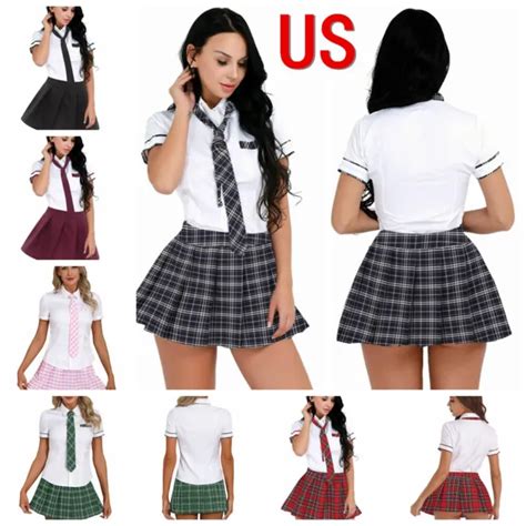 Us Sexy Womens School Girl Uniform Cosplay Pleated Mini Skirt Tie Set Costume 1471 Picclick