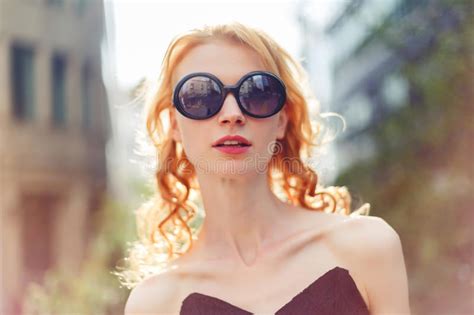 Ginger Woman In Sunglasses Photo Toned Stock Image Image Of