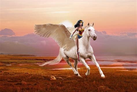 Wonder Woman Riding On Her Beautiful Trusty Pegasus Steed Wonder