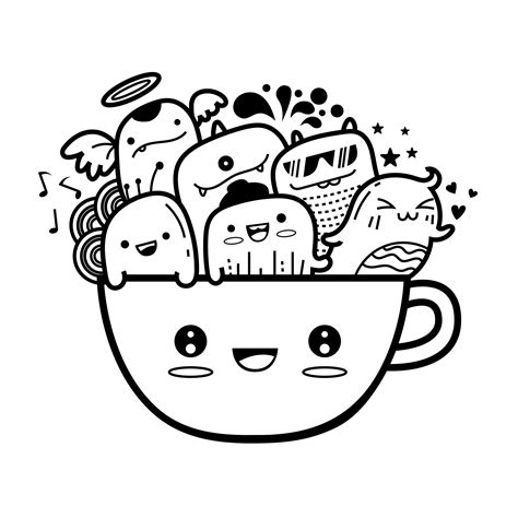 Coffee Mug Cute Monter Doodles Background Vector