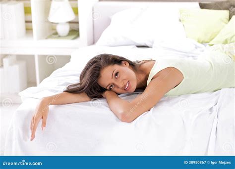 Beautiful Woman Relaxing On Bed Stock Image Image Of Bedtime Pleasure 30950867