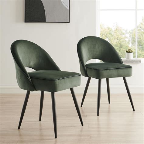 Oakley Set Of 2 Dark Green Velvet Upholstered Dining Chairs With