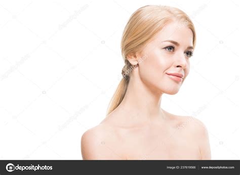 Beautiful Naked Blonde Woman Smiling Looking Away Isolated White