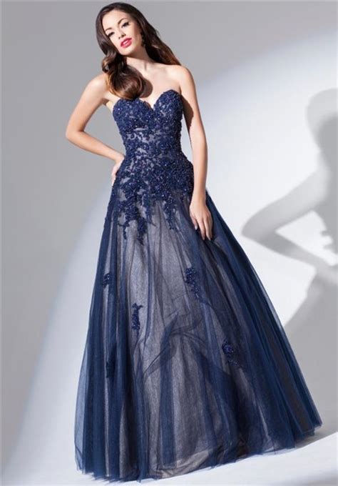 Ball Gown Strapless Sweetheart Long Navy Blue Tulle Lace Beaded Prom Dress
