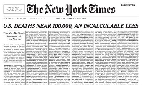 Incalculable Loss New York Times Covers Front Page With 1000 Covid