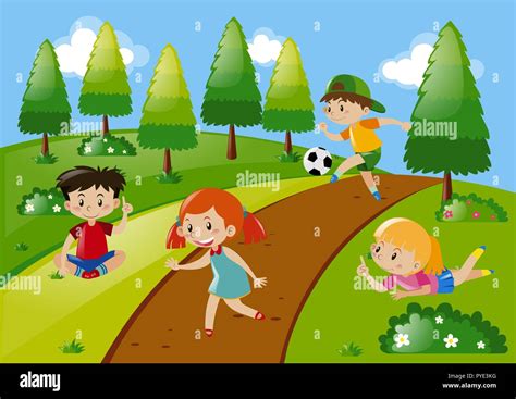 Cuatro Niños Jugando En El Parque Ilustración Imagen Vector De Stock