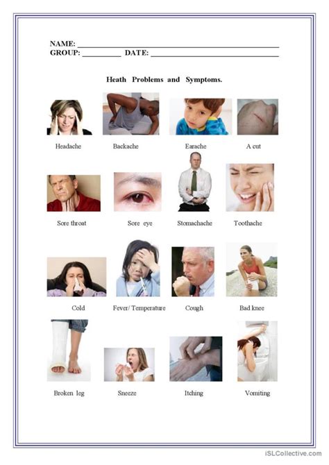 Health Problems Pictionary Picture English Esl Worksheets Pdf And Doc